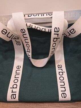 Arbonne Canvas Green White Tote Bag w/ Magnetic Closure Inside Zip Pocket